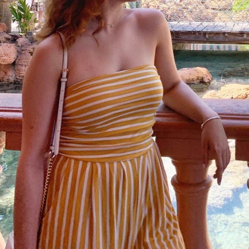 Yellow stripped strapless pant romper